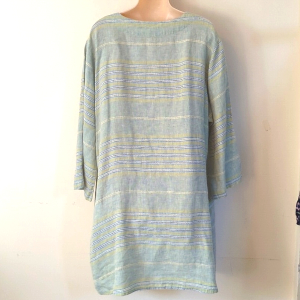 Flax Linen V Neck Striped Green Blue Dress L - Picture 3 of 14
